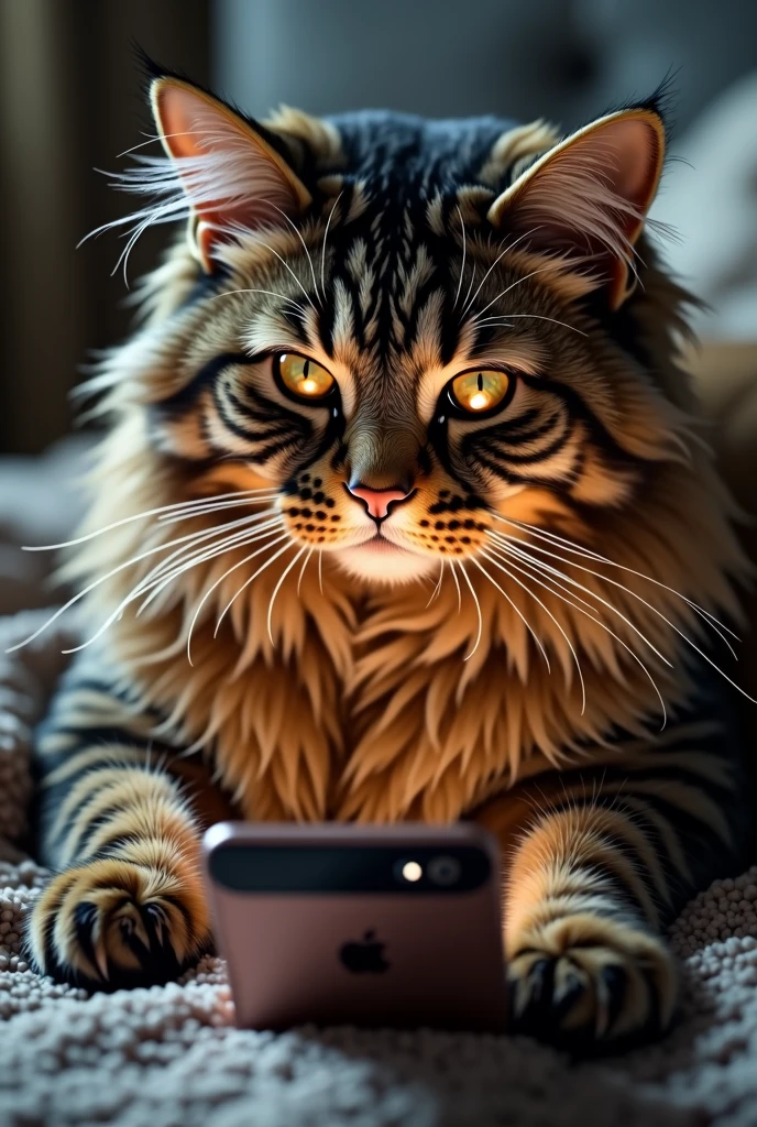 Un chat maine coon qui regarde un téléphone 