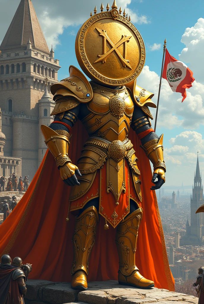 The king, whose head is very big and looks like a coin and has orange armor and a beautiful crown, is standing on top of the castle with warriors and looking at a big city, whose flag is written "MEXC" and the color of this flag is dark blue.