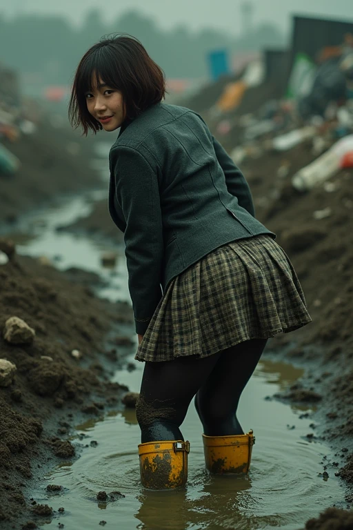((Highest quality)), ((masterpiece)), Dark dirty garbage filled pitch black green sludge quagmire at waste dump、Cute Japanese woman with short hair、boyish、Brown Hair、Plump figure、Beautiful breasts、Thicker legs、Buried in the mud in yellow Hunter rain boots、Blazer uniform muddy、Checkered flared skirt covered in mud、Black tights torn and covered in mud、Mud stains on face、Mud stains on clothes、Leaning forward、Look back and smile