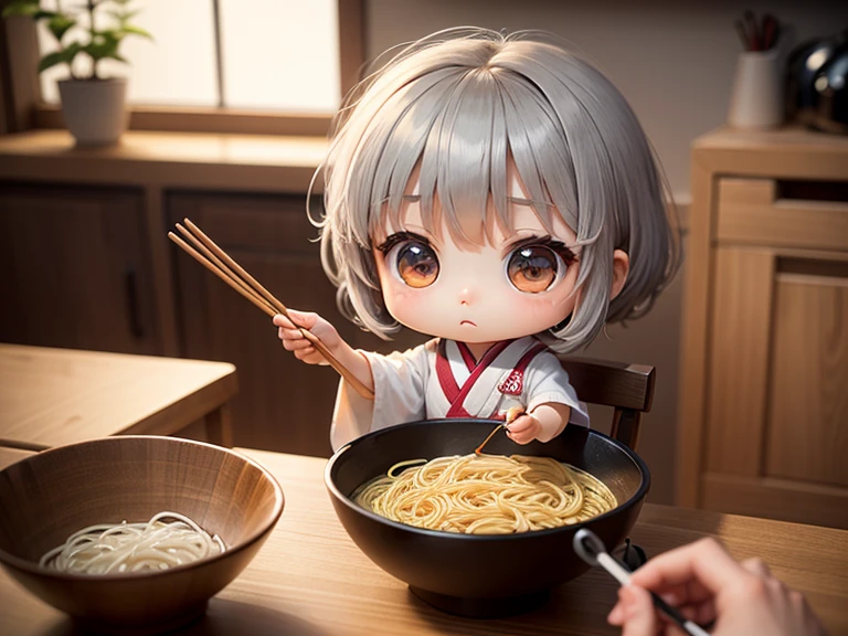 masterpiece、top-quality、Ultra-detail、(Chibi Chara's Daughter:1.2)、solo、//((Gray thin noodles:1.2)These go into Japanese-style vessels))、Holding this vessel、Holding chopsticks in hand、sitting in the chair