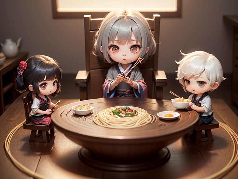 masterpiece、top-quality、Ultra-detail、(Chibi Chara's Daughter:1.2)、solo、//((Gray thin noodles:1.2)These go into Japanese-style vessels))、Holding this vessel、Holding chopsticks in hand、sitting in the chair