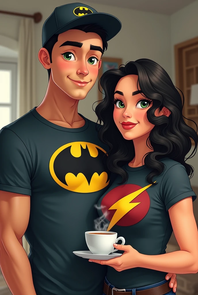 You can create a family photo of a couple, a tall man with skin, a slightly blond, burnt guy of medium build with a Batman shirt and cap and his wife drinking tea, white, black wavy hair and green eyes And broad build with a lightning bolt shirt