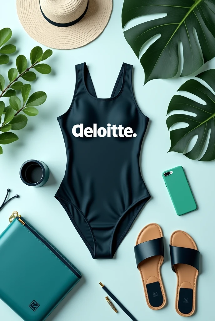 Create an image of a full swimming kit displayed on a table, featuring a swimsuit with the word 'deloitte' printed on it. Ensure that the full stop after 'deloitte' is green, which is a crucial detail.