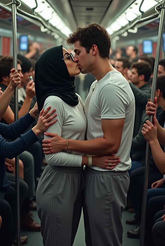 Black headscarf on a very crowded bus, white long sleeve t shirt,sexy skinny in baggy grey sweatpants, Woman with glasses kissing man.Other men touch the woman's breasts.