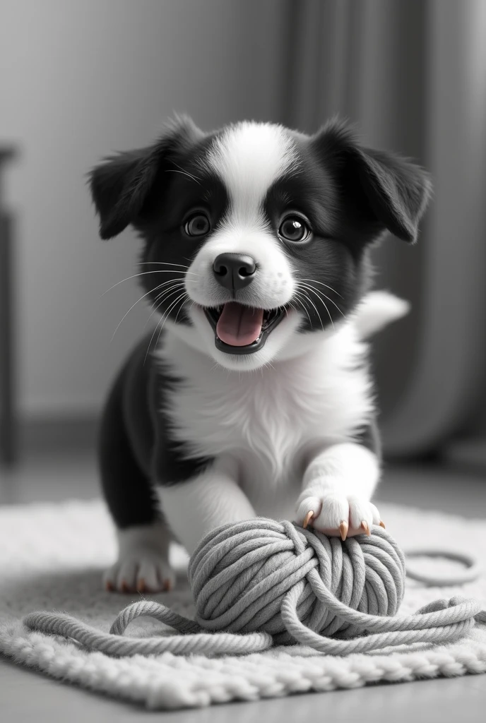 Happy black and white puppy playing with knitting wool