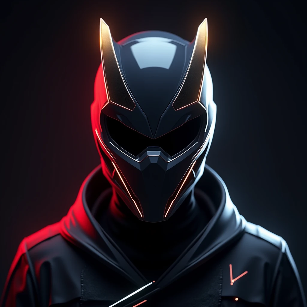 Create an image of a Samurai mask with a sleek, futuristic design, featuring glowing neon lines and highlights, giving it a cool and modern gamer aesthetic. Neno effect of red, black , white and golden. Only the head part.