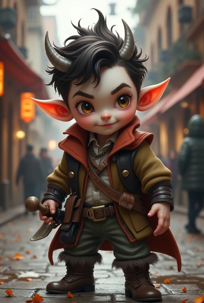 Halfling Race, naughty man , Height, 1,00, dark brown hair, shorth hair, eyes browns, dark white skin, 
age 25
