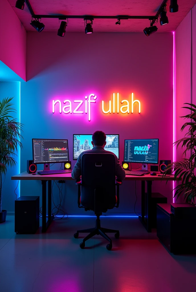 Create studio room with Computer Setup Inside On the wall Behind as Bright Lighting Glowing Text With Different colours & Multiple Rooms & Different Fonts Says " Nazif Ullah Vlogs "