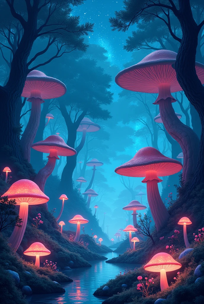 Viral anime nature wallpaper in 4K quality, in the style of digital illustration inspired by Yoshitaka Amano, showing a mystical forest with giant mushrooms, bioluminescent plants, and ethereal creatures wandering around; cool and mystical color temperature, cosmos lighting with stars twinkling in the sky, no human characters, the atmosphere is otherworldly and enchanting --v 5 --stylize 1000