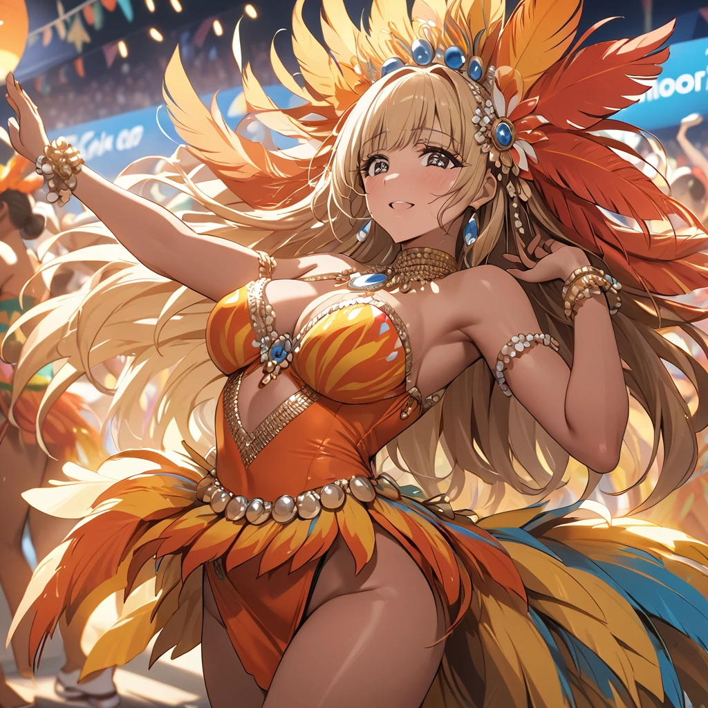 ((Highest quality)), ((masterpiece)), (detailed), (Perfect Face)、The woman is Reika Aoki, a Latin American with brown skin and medium-long blonde hair.、A woman is wearing a samba costume at the Rio Carnival and dancing samba passionately and seductively with a man