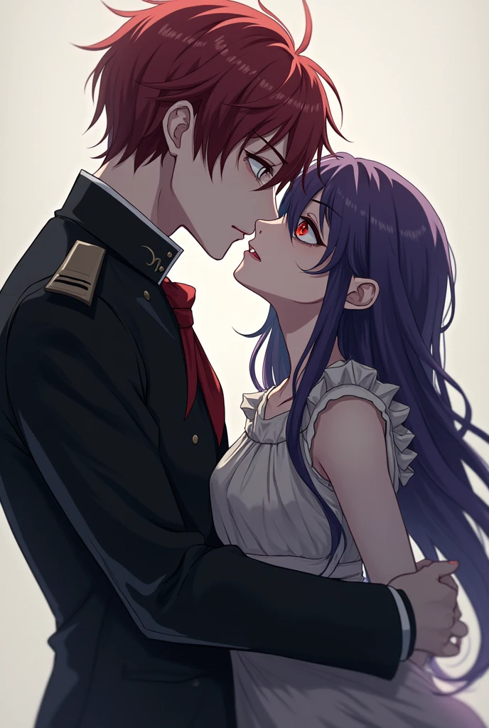 anime style vampire boy with red eyes resin brown hair uniform black white pale skin pointed teeth kisses a servant in grey rags violet turquoise hair and pale skin. she has dark circles under her eyes and her eyes are red. The vampire is taller than the servant
