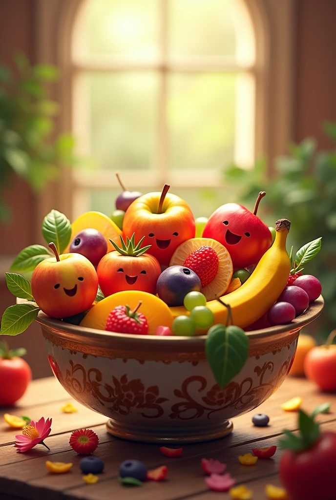 A vibrant and joyful scene of a colorful fruit salad in a large, ornate bowl, set on a wooden table. The fruit salad includes a variety of fruits like bright red apples, yellow bananas, orange slices, green and purple grapes, and plump purple plums, all mixed together harmoniously. The fruits are depicted with smiling faces, expressing happiness and satisfaction with their new form. Around the bowl, there is a warm and inviting atmosphere with a few leaves and flowers scattered, emphasizing the freshness and natural beauty of the scene. The overall image should convey a sense of unity, diversity, and joy, reflecting the positive message of working together and embracing differences.