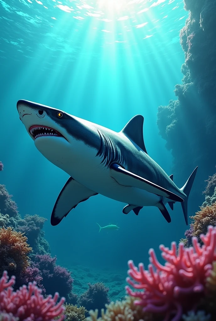 A Tiger Shark with its striped pattern, swimming near the coral reef.