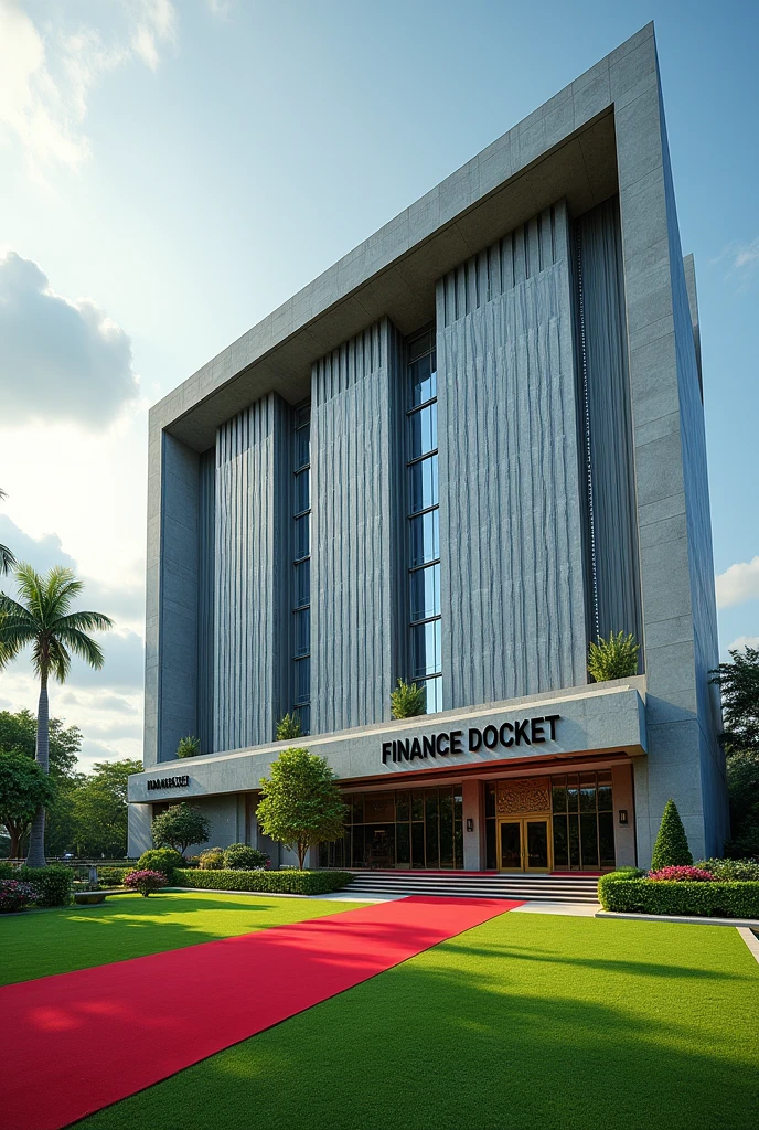 A company headquarters with Singaporean architecture, it is large from left to right, Grass and flowers altogether with a driveway on the compound ,red carpet at the entrance, FINANCE DOCKET written in clear Capital black bold letters on the concrete built on the grass in the compound
