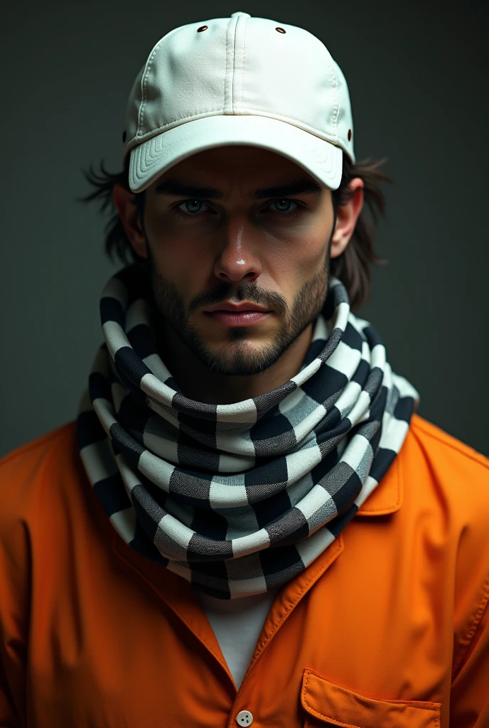 A male character with a white cap, a black checkered scarf, blue eyes, and an orange prisoner shirt