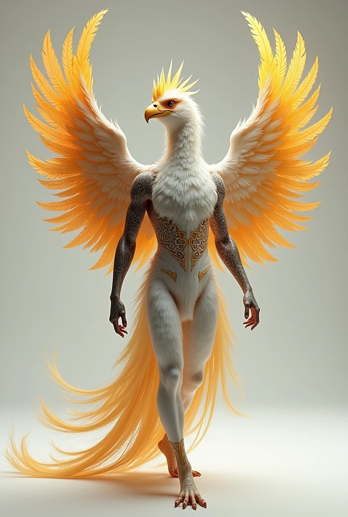 Half-man phoenix, white feathers, lean and muscular body, golden wings, tattoo's, 8k quality