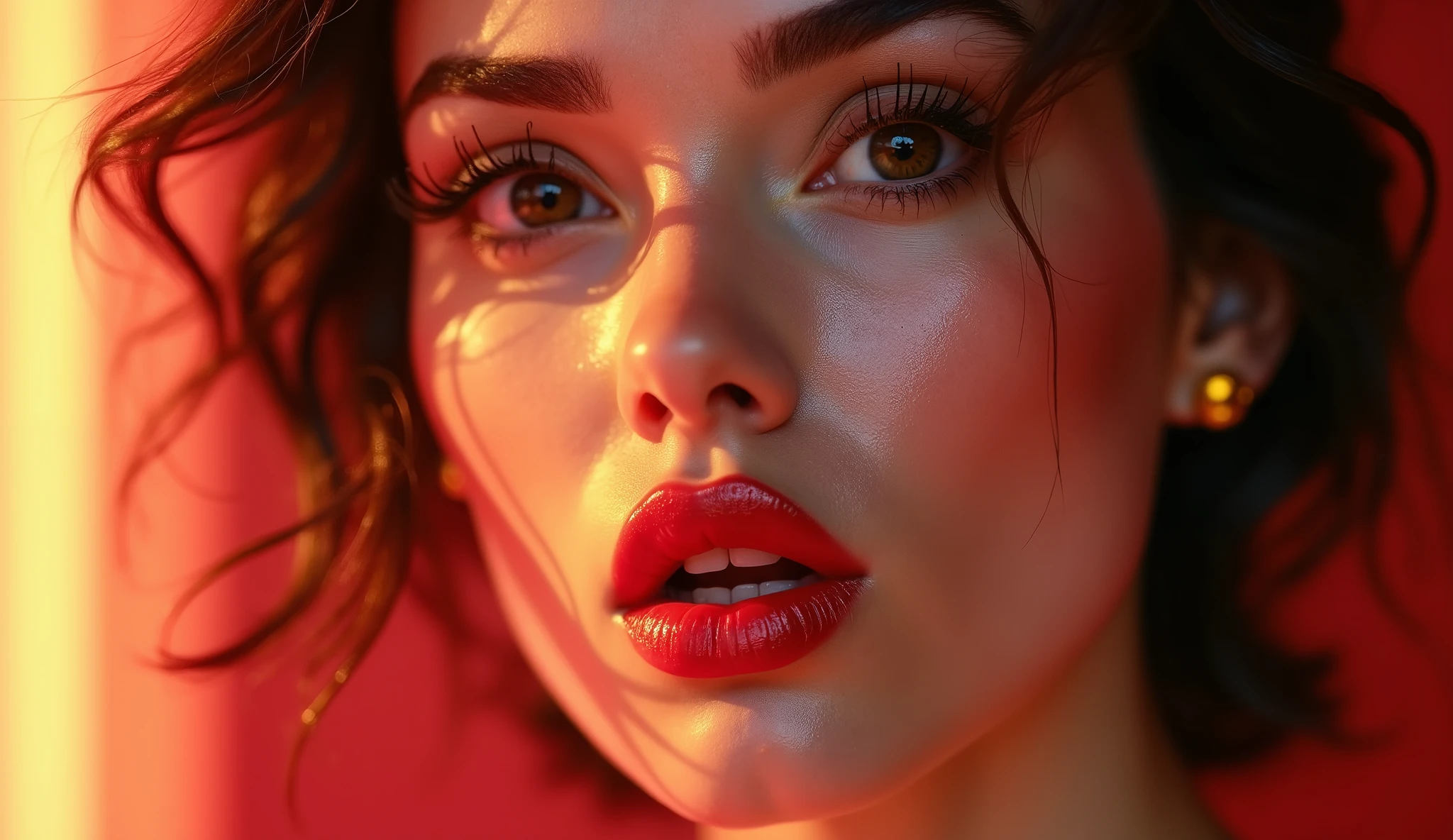 Generate a close-up portrait of a striking woman with full, glossy lips slightly puckered in a playful, flirtatious manner. Her eyes are wide and sparkling with a mischievous glint. Her head is tilted downwards, creating a captivating, coy pose. The background should be vibrant, with bold colors that match her playful expression."