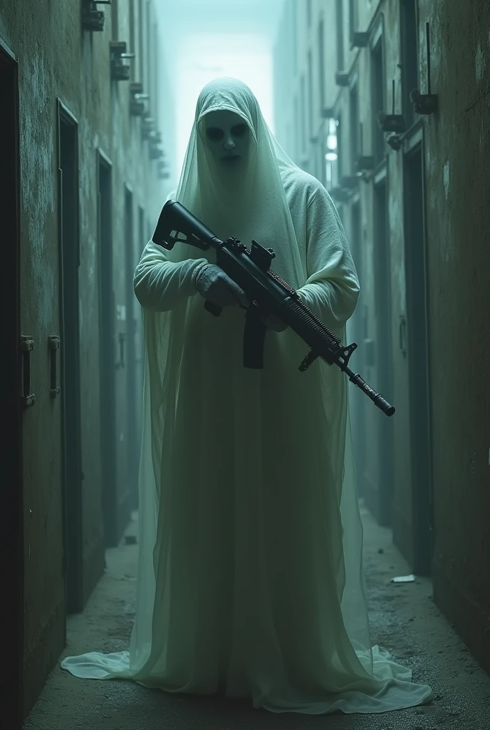 A war scene in Alcatras prison and a gooust in the foreground holding a gun and saying the best class of the iso converted to submachine gun