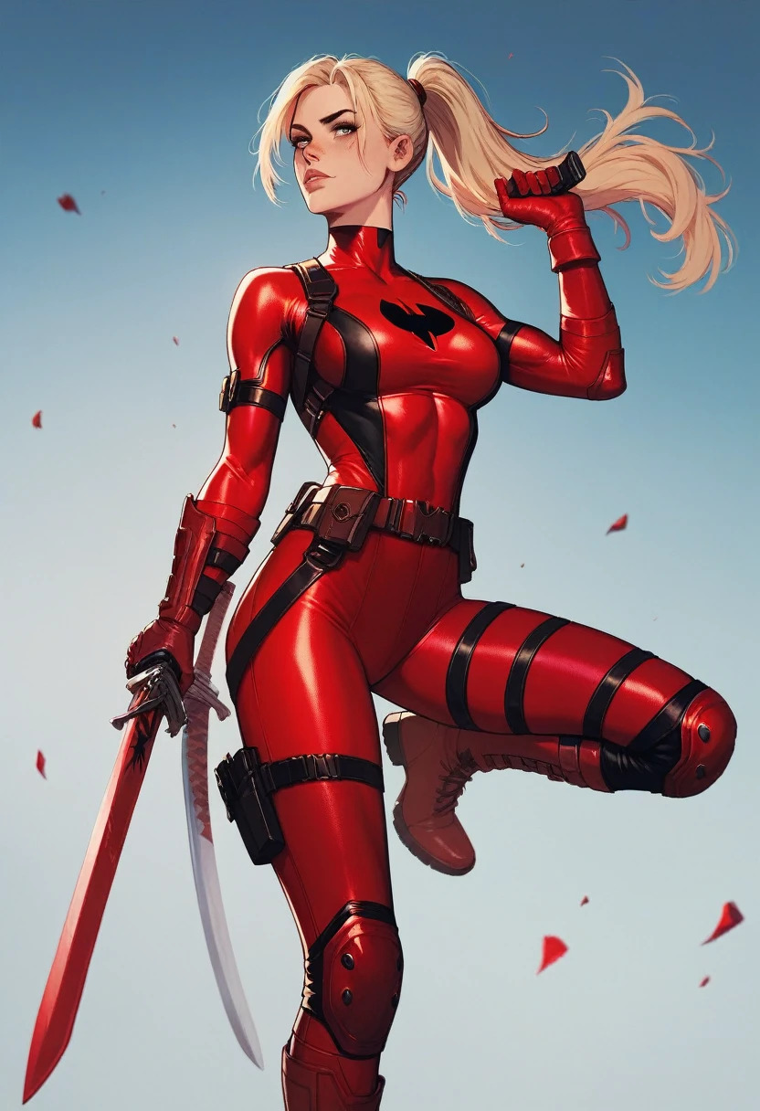 1girl, blonde ponytail, deadpool bodysuit, black straps, ultility belt, knee pads, red gloves, red boots, hand guns, swords on back