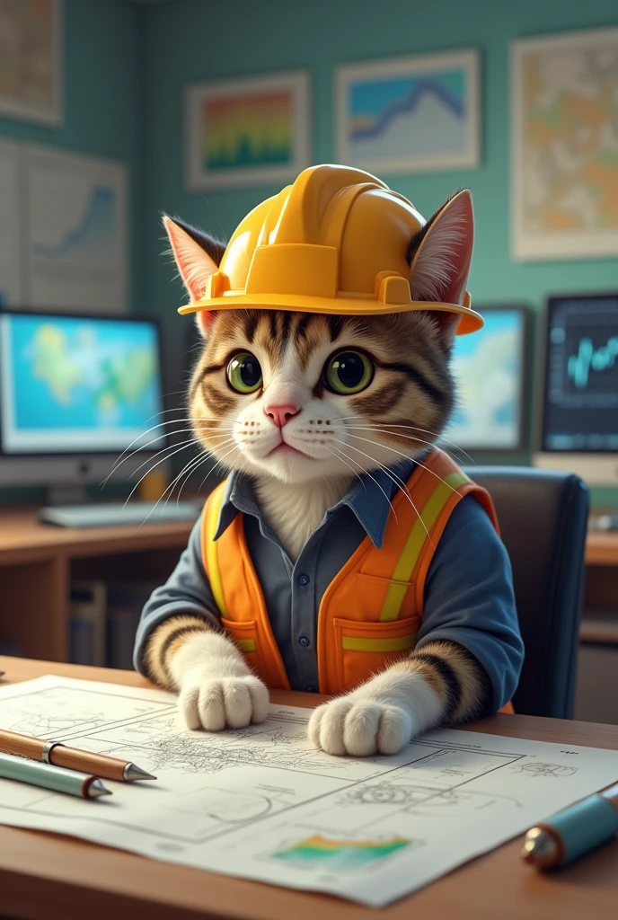 Cat working as a hydrology engineer 
