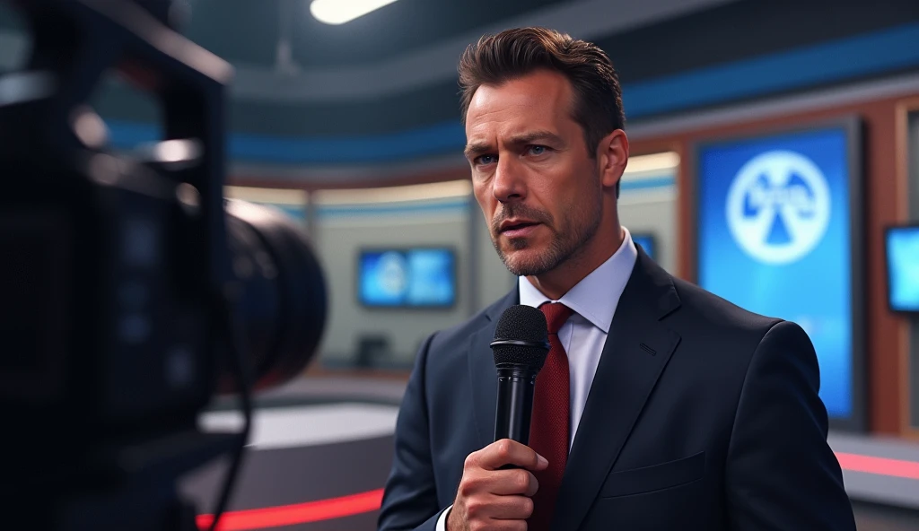 Make an art for my RPG of a press character with a microphone on television talking about the report: tragedy at school (school) burned
