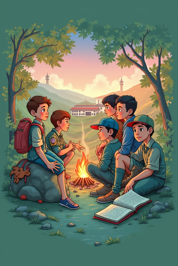 Here is the revised prompt for the illustration:
--- Create an illustration that captures the essence of an exciting journey of school and friendship.
- **Background Details:** A vibrant scene of Vale das Águas with a school in the background and natural elements all around, possibly including trail, bonfire and green trees.
- **Personagens:** 6 young people stand out: 2 girls and 4 boys. They should be dressed casually and have expressions that convey friendship and determination.. They could be sitting around the campfire or exploring the trail. One of the boys must look more sullen, and one of the girls must look kind.
- **elements:** They include details such as a scout backpack, open diary with visible notes and a glimpse of the school in the background.
- **atmosphere:** The image should evoke a feeling of adventure, overcoming challenges and hope, with vibrant colors and lighting that suggest a positive and uplifting mood.