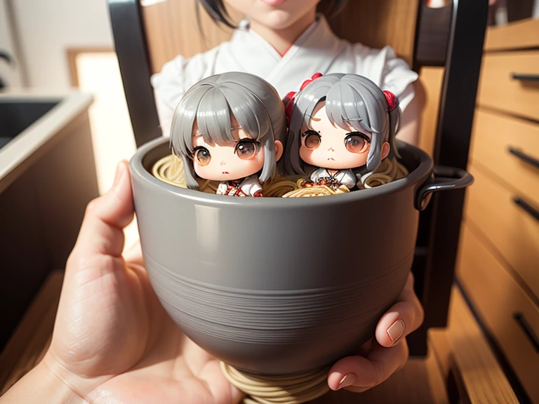 masterpiece、top-quality、Ultra-detail、(Chibi Chara's Daughter:1.2)、solo、//((Gray thin noodles:1.2)These go into Japanese-style vessels))、Holding this vessel、Holding chopsticks in hand、sitting in the chair