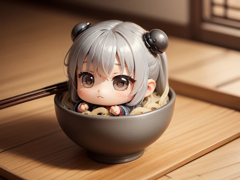 masterpiece、top-quality、Ultra-detail、(Chibi Chara's Daughter:1.2)、solo、//((Gray thin noodles:1.2)These go into Japanese-style vessels))、Holding this vessel、Holding chopsticks in hand、sitting in the chair