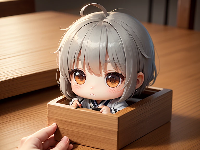 masterpiece、top-quality、Ultra-detail、(Chibi Chara's Daughter:1.olo、//((Gray thin noodles:1.2)These go into Japanese-style vessels))、Holding this vessel、Holding chopsticks in hand、sitting in the chair