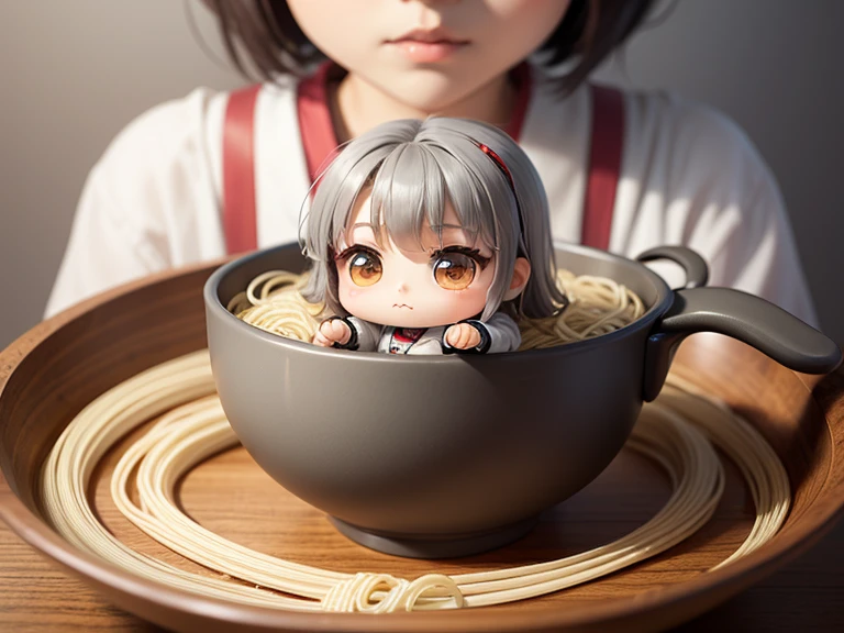 masterpiece、top-quality、Ultra-detail、(Chibi Chara's Daughter:1.2)、solo、//((Gray thin noodles:1.2)These go into Japanese-style vessels))、Holding this vessel、Holding chopsticks in hand、sitting in the chair