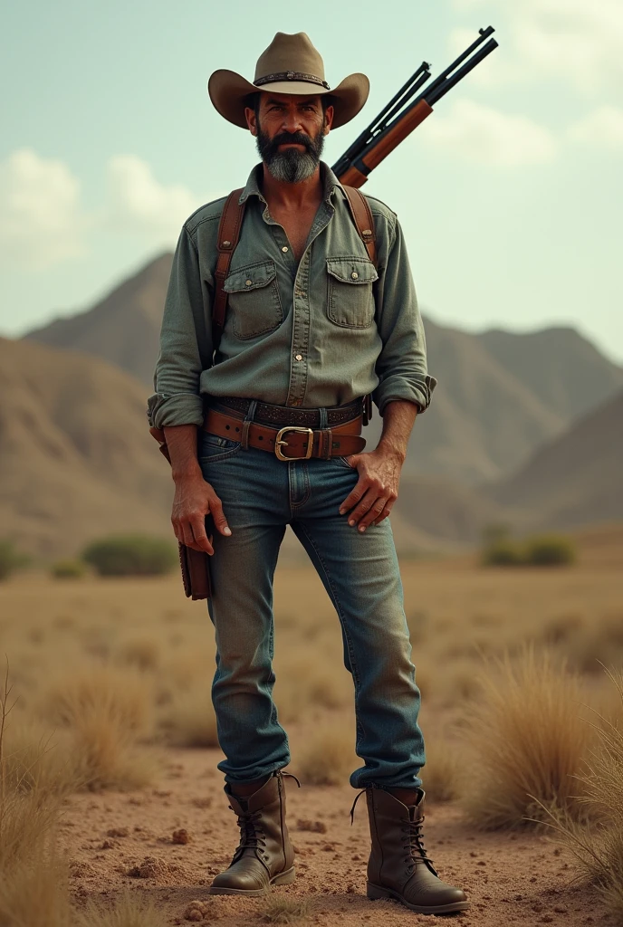 A 30-year-old man in cowboy clothes and hat from the sugar mill era, small black beard, with a shotgun on his back, This man has to be a strong man but not muscular and in the northeastern backlands in the caatinga.