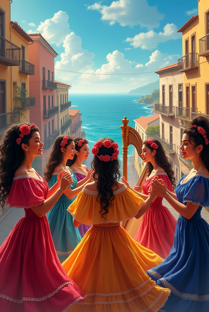 Only female cueca singers of various ages singing and playing guitar, cuequero tambourine and harp in Valparaíso