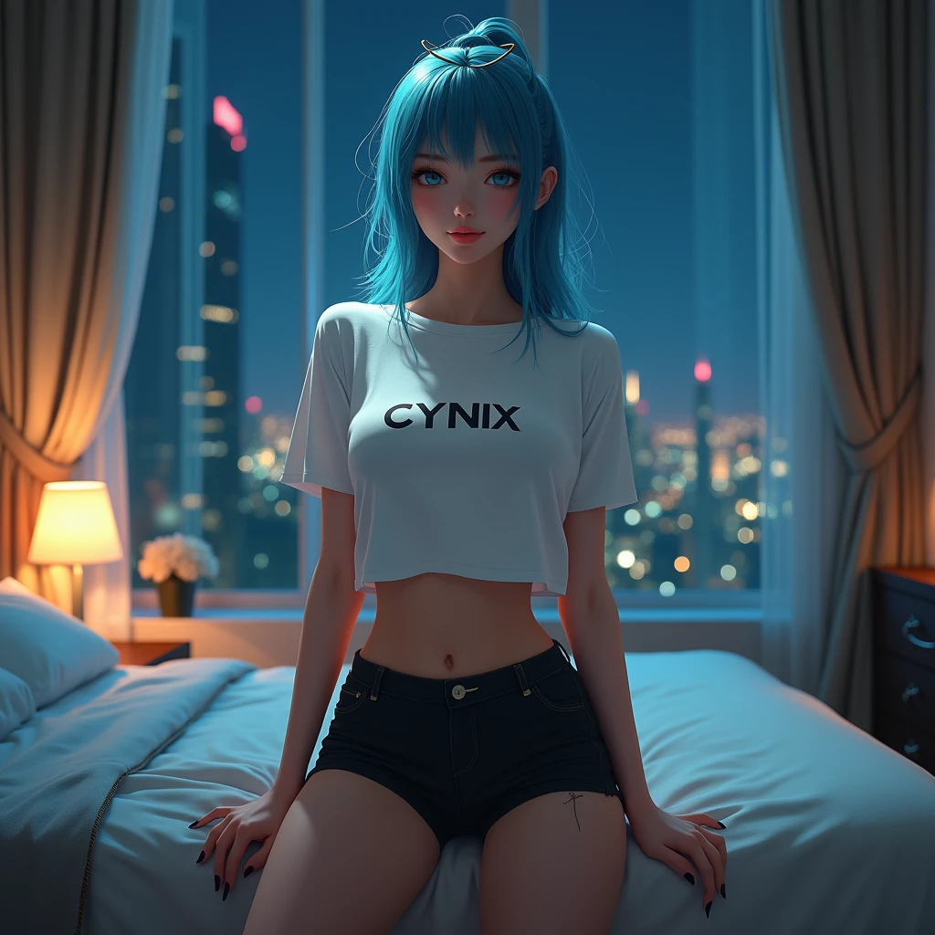 ((Best quality, 8k, Masterpiece :1.3)), Full body, Sharp focus :1.2, Beautiful woman with perfect figure :1.4, Slim stomach :1.2, ((cyan hair, Big breasts :1.2)), body dress : 1.1 , (Night city view, Bedroom :1.1), Highly detailed facial and skin textures, Detailed eyes, Double eyelids, big breasts, White t-shirt with cynix logo, Clean clothes, white t-shirt, exposed cleavage, (Black Pantyhose short), Interior Scene, Office, oppai, sweet smile, t-shirt, pretty pose, pose mengikat rambut, berpakaian sopan
