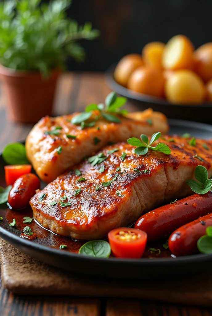 pork fillet, chicken and chorizo; potato and ripe