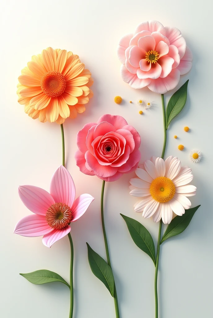 I want an image where you can see a carnation, a rose, a lily, a cherry blossom and a daisy. Each flower separated
