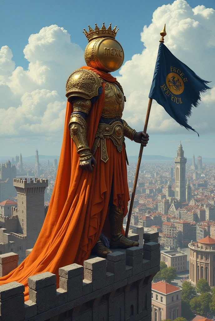 The king, whose head is very big and looks like a coin and has orange armor and a beautiful crown, is standing on top of the castle and looking at a city, whose flag is written "MEXC" and the color of this flag is dark blue.