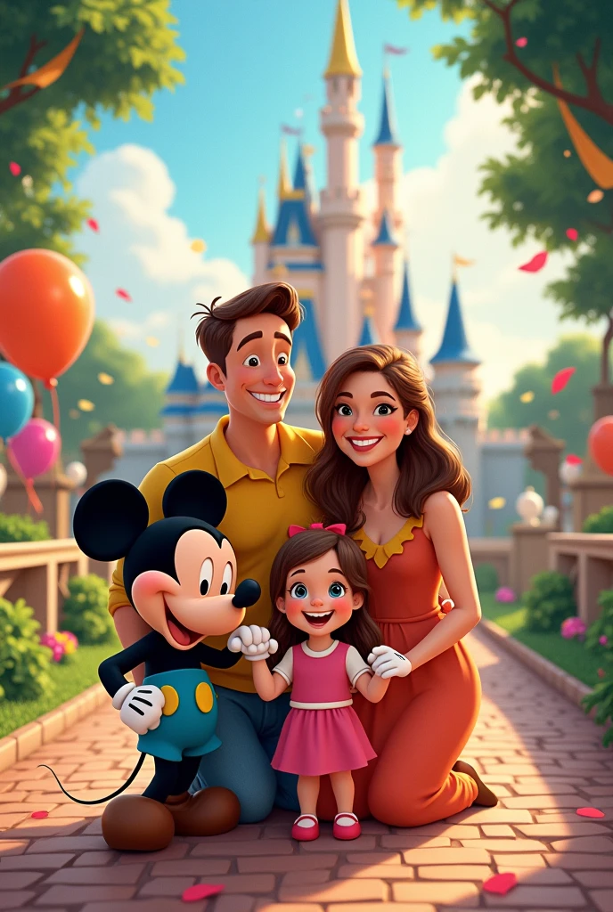 I would like a picture with a wife, husband, with 2 children, being one and one , 10 years as a Disney animation, celebrating a Disney vacation achievement, all together with Mickey