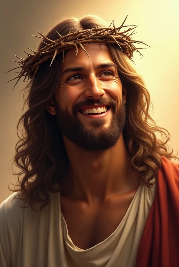 A detailed, realistic image of Jesus Christ smiling warmly while wearing a crown of thorns. Despite the crown, his expression is peaceful and full of compassion, conveying a sense of divine love and forgiveness. His eyes are gentle, and his long, wavy hair falls over his shoulders. The crown of thorns is depicted with intricate detail, but it does not detract from the kindness in his expression. The background is soft and serene, with a warm light surrounding him, emphasizing the sacred and hopeful mood of the scene.