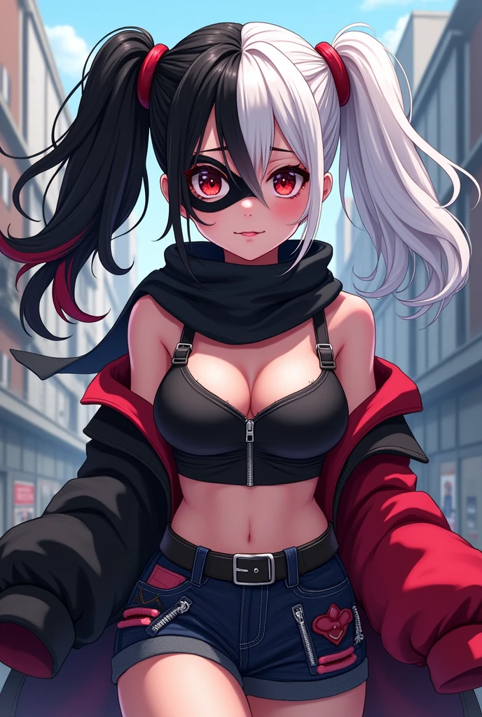 Create an anime style character similar to Harley Quinn with pigtails with one side of her hair black and the other side white with a black mask and a black scarf 