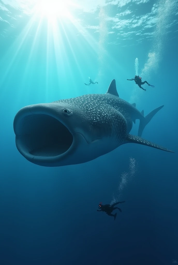 A very large whale shark with a wide mouth, swimming slowly in the clear blue ocean with a few divers around.
