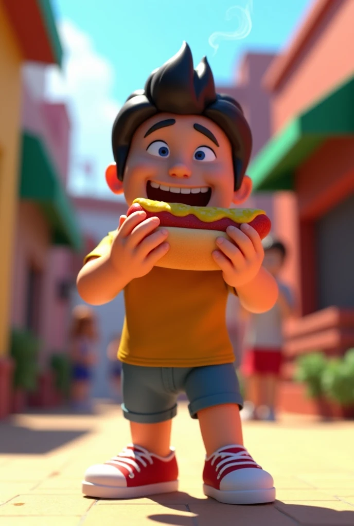 Chilean Roblox character eating hotdog