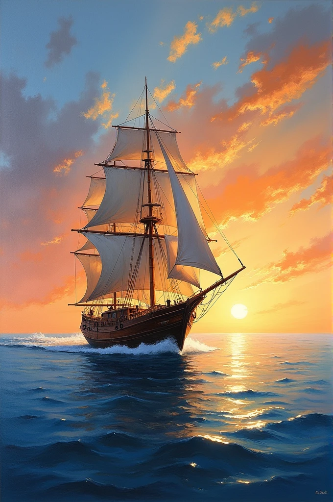 Acrylic painting of a sailing boat in the sea at sunset