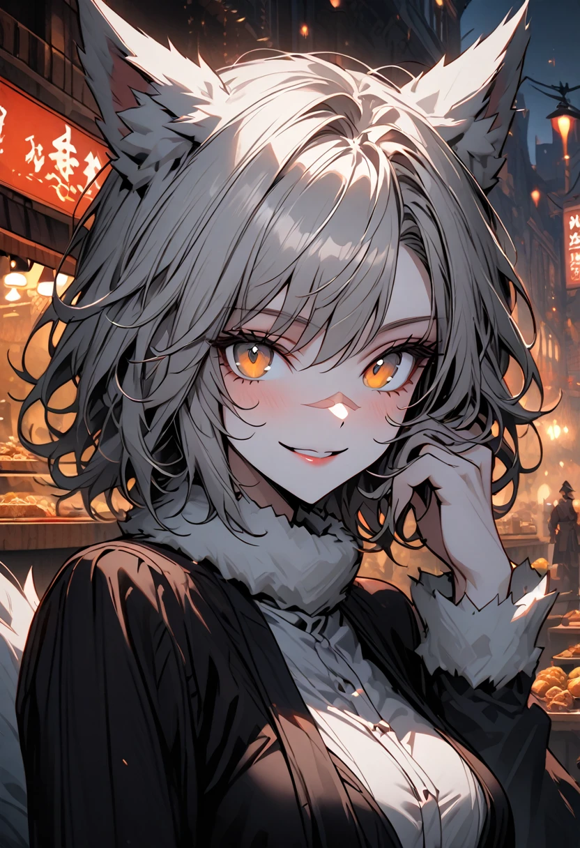 solo, female, wolf girl, close up, fluffy furry claws and wrists, muscular, wolf ears, short hair, messy hair, grey hair, golden eyes, wolf tail, lordly constable, knight, large breasts, white fur collar, relaxed, smiling, after work, food stand, city, night, fantasy, viewer's hand petting her hair, nose scar