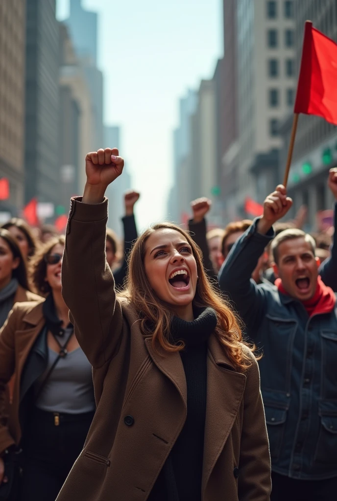 A group of people demonstrate with clenched fists raised from the back of the image in a wide angle.