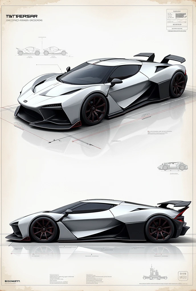 Create a hypercar blueprint showing the front and back of the car