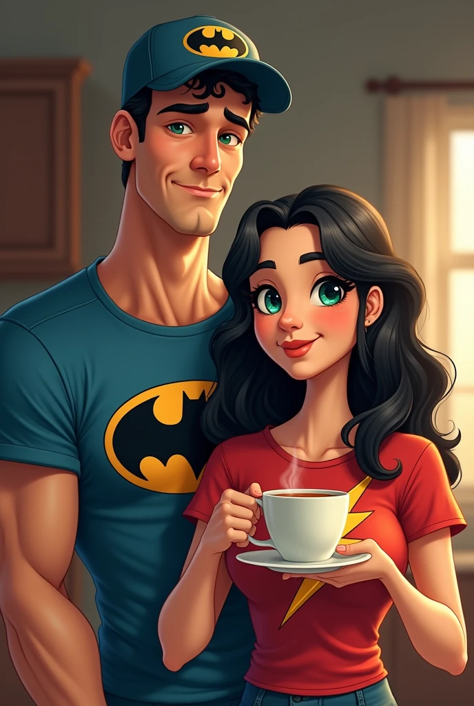 You can create a family photo of a couple, a tall man with skin, a slightly blond, burnt guy of medium build with a Batman shirt and cap and his wife drinking tea, white, black wavy hair and green eyes And broad build with a lightning bolt shirt