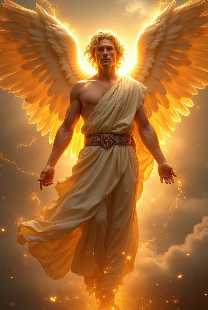 Angel a man dressed in linen cloth with a belt of pure gold His body was like chrysolite, his face with lightning shine, his eyes like burning torches, His arms and legs shining like polished bronze