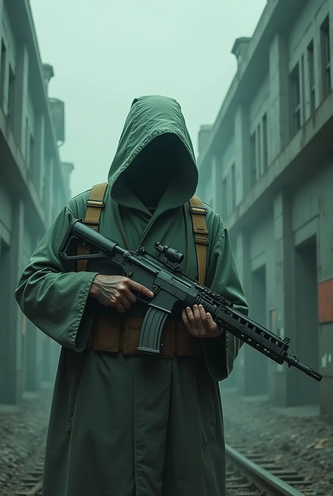 A war scenario in Alcatras prison and a gooust warzone character in the foreground holding a gun and saying the best class of the iso converted to submachine gun