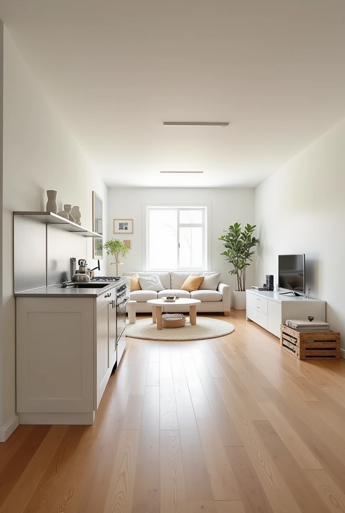 Design of a kitchen connected to a living room. The design is minimalistic. wooden floors, white walls and ceilings. The room is cozy. Dimensions: length - 816 cm, in width - 316 cm. There's only crap at one end; in the middle of the room, near the window, sofa, on the opposite side there is a TV on the wall.