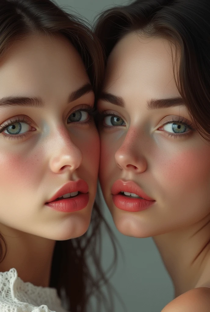 Face of a 2 woman, quite realistic and brunette